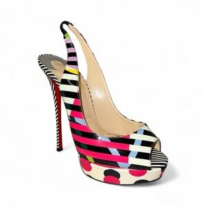 Christian Louboutin Lady Peep Sling Multicolor Graphic Patent Print Heels 39